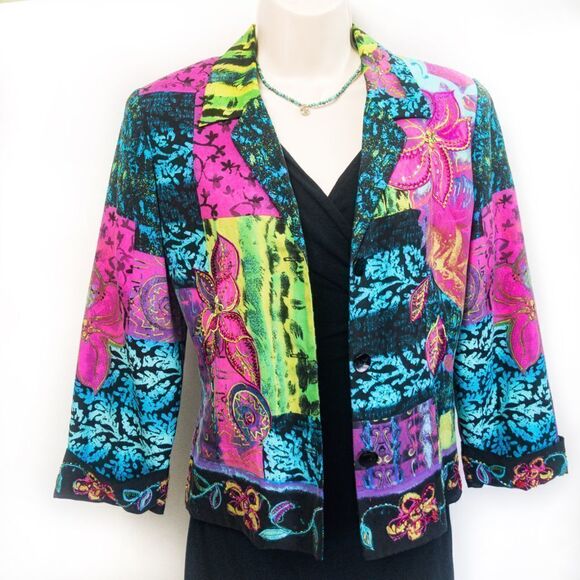 Vintage Batik Silk Embellished Jacket Nancy Bolen City Girl Sz S - Picture 3 of 13